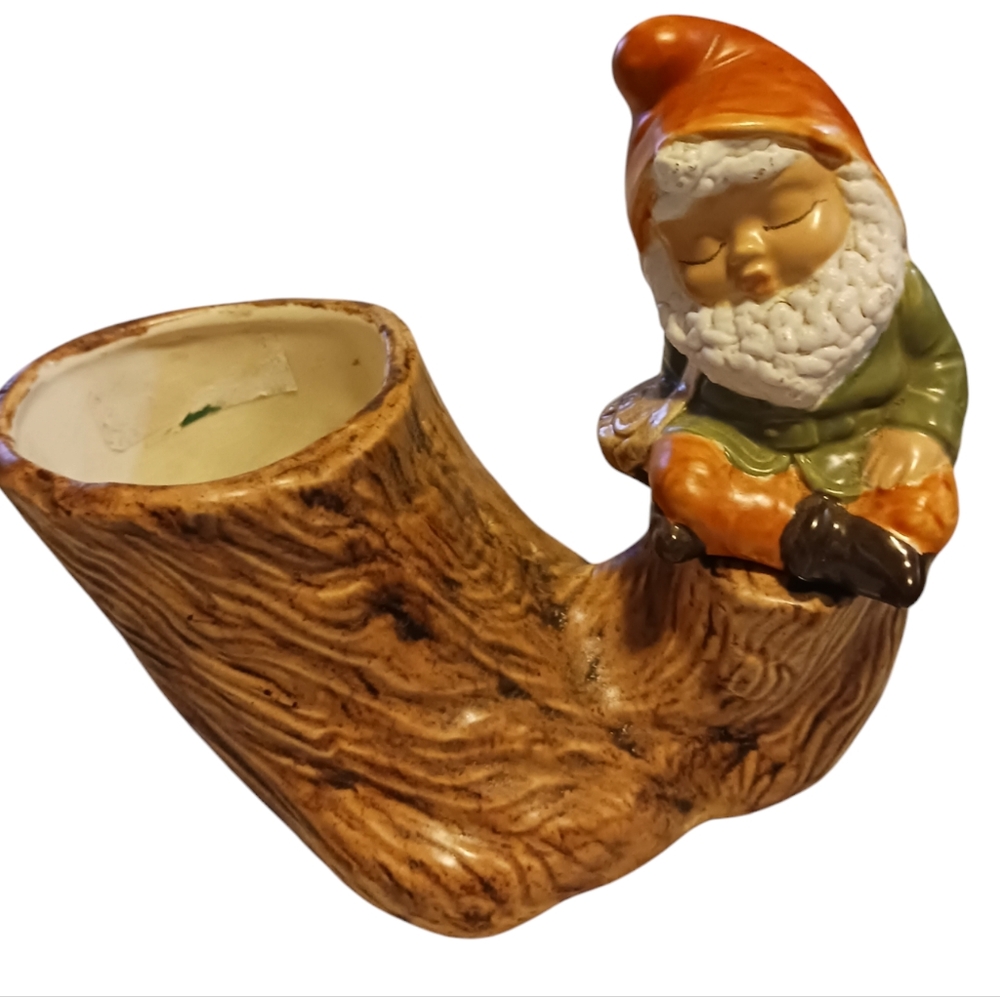 Adorable  Sleeping Elf or Gnome on a Log Planter.